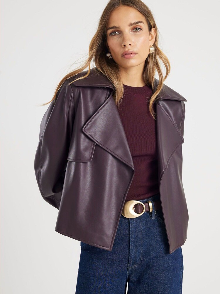 River Island Red Faux Leather Belted Cropped Trench Coat - Image 2 of 4