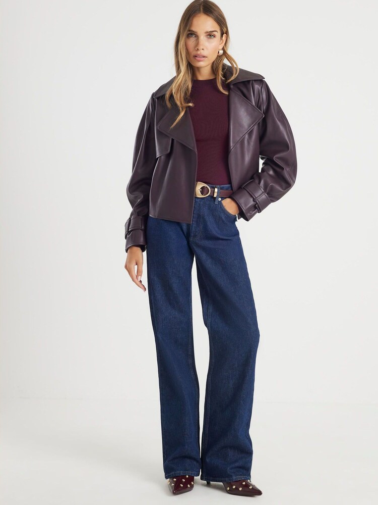 River Island Red Faux Leather Belted Cropped Trench Coat - Image 4 of 4