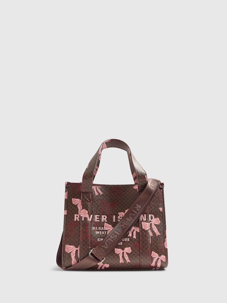 River Island Brown Medium Bow Debossed Tote Bag - Image 1 of 5