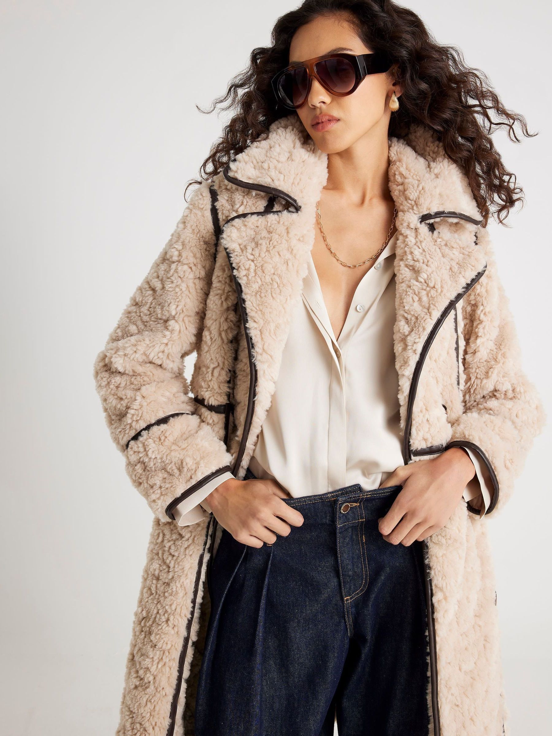 Buy River Island Cream Borg Faux Leather Seam Coat from the Next