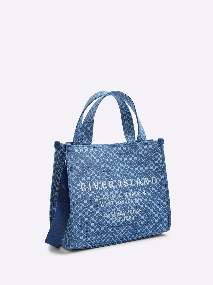 River Island Blue Medium Monogram Denim Embossed Tote Bag - Image 2 of 6 River Island Blue Medium Monogram Denim Embossed Tote Bag - Image 2 of 6