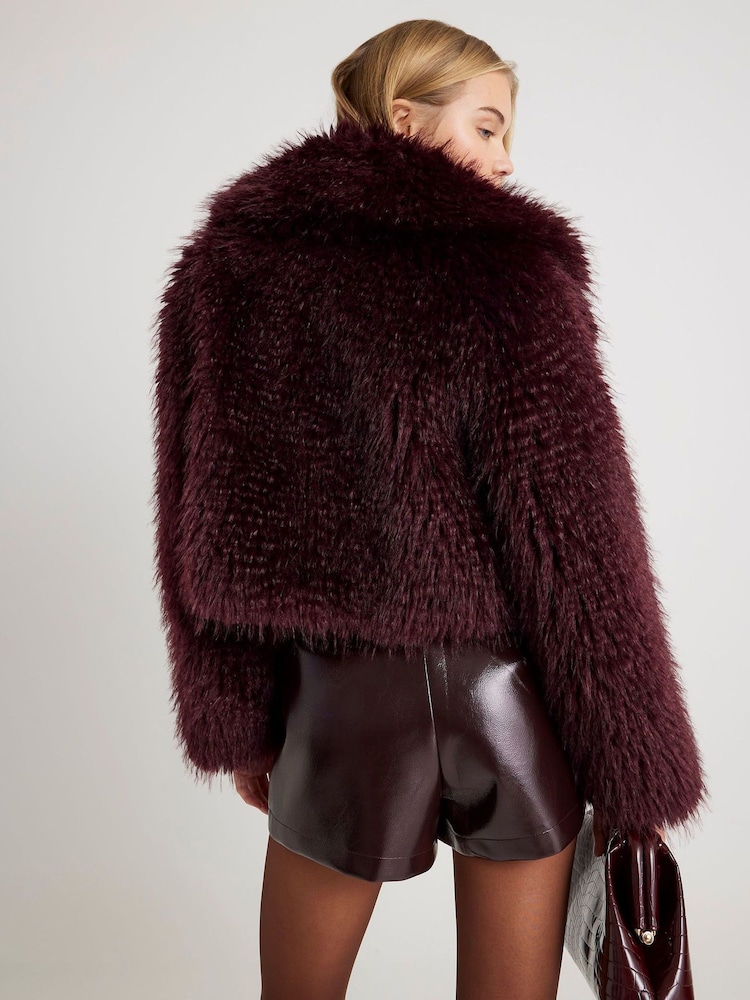 River Island Burgundy Cropped Faux Fur Coat - Image 2 of 4