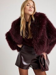 River Island Burgundy Cropped Faux Fur Coat - Image 4 of 4