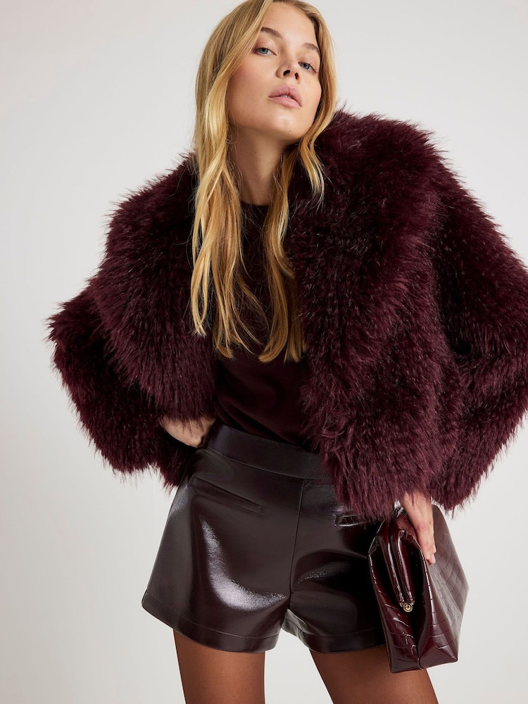 River Island Burgundy Cropped Faux Fur Coat - Image 4 of 4