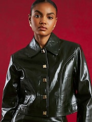 River Island Green Faux Leather Croc Effect Harrington Jacket - Image 4 of 4