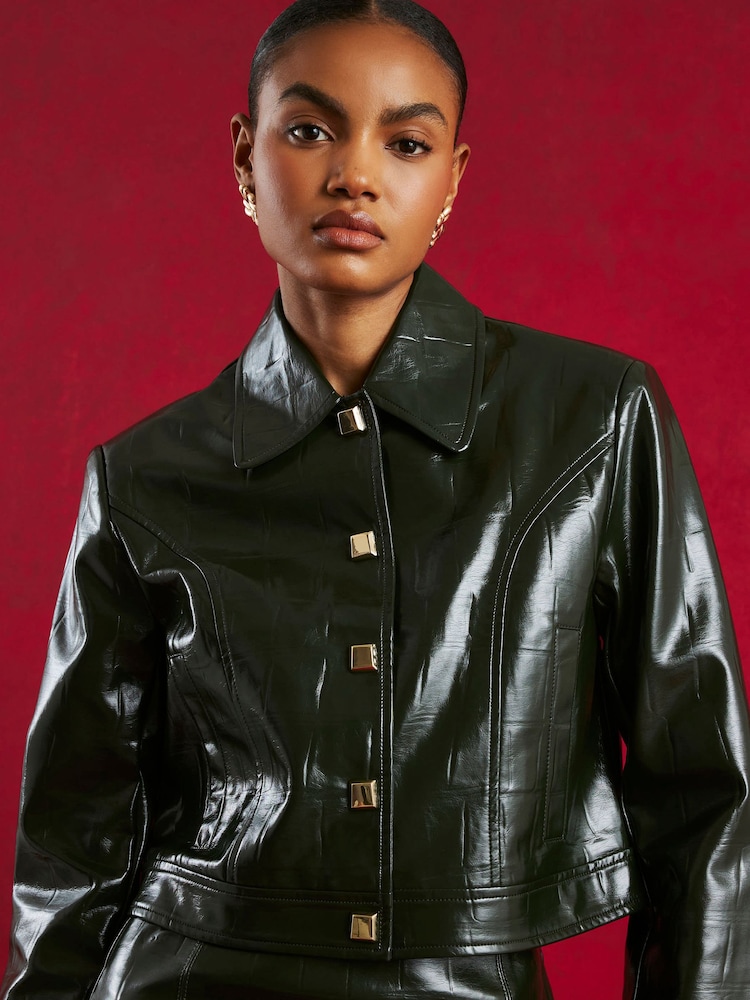 River Island Green Faux Leather Croc Effect Harrington Jacket - Image 4 of 4