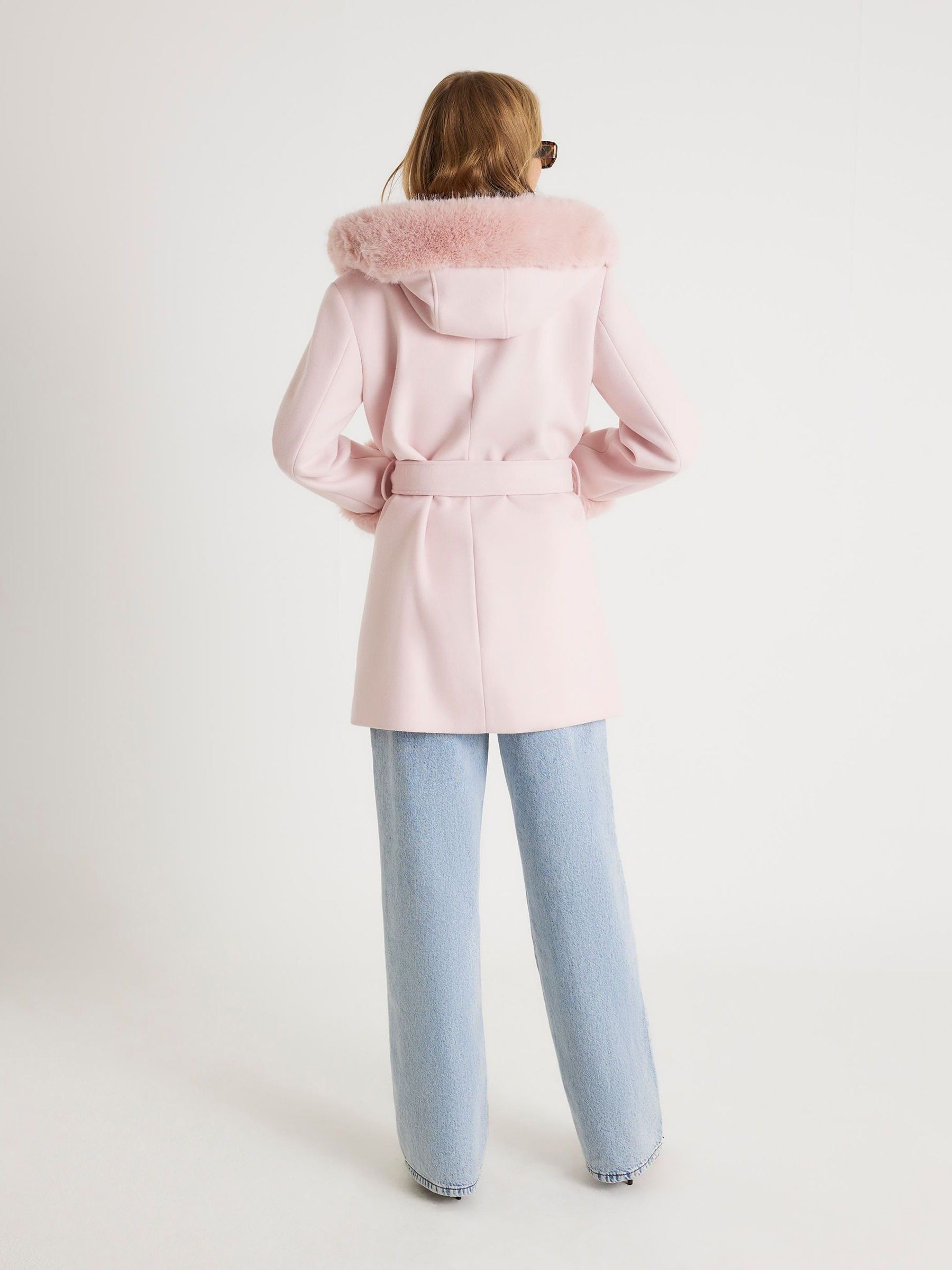 Buy River Island Pink Fur Trim Hooded Belted Coat from Next USA