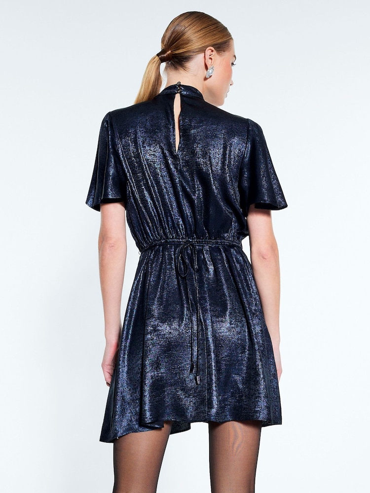 River Island Blue Metallic Pussybow Flippy Mini Dress - Image 2 of 4 River Island Blue Metallic Pussybow Flippy Mini Dress - Image 2 of 4