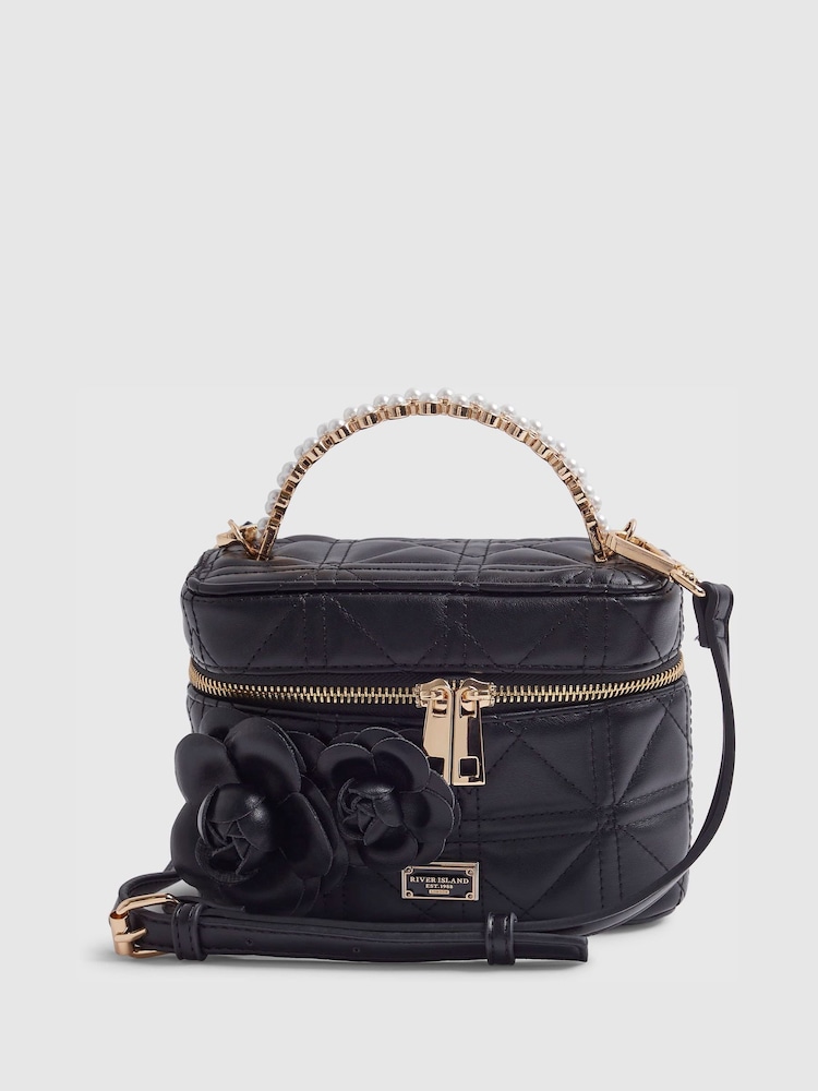 River Island Black Quilted Pearl Handle Vanity Bag - Image 1 of 5