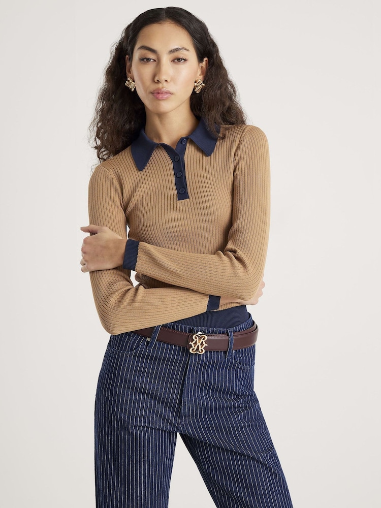 River Island Brown Ribbed Polo Top - Image 1 of 3 River Island Brown Ribbed Polo Top - Image 1 of 3