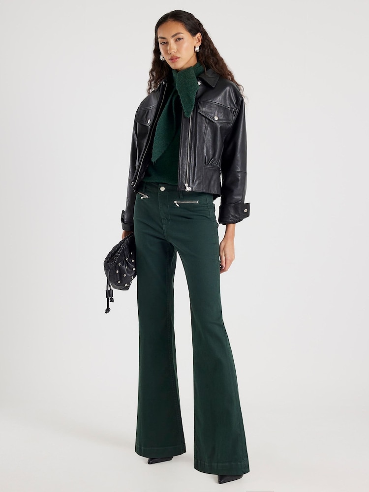 River Island Green Mid Rise Zip Front Relaxed Flare Jeans - Image 1 of 2 River Island Green Mid Rise Zip Front Relaxed Flare Jeans - Image 1 of 2
