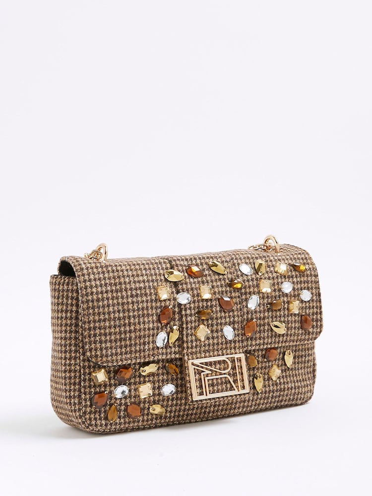 River Island Brown Dogtooth Embellished Shoulder Bag - Image 2 of 6