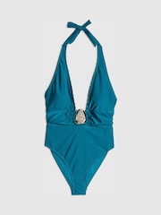 River Island Blue Hardwear Plunge Swimsuit - Image 1 of 1