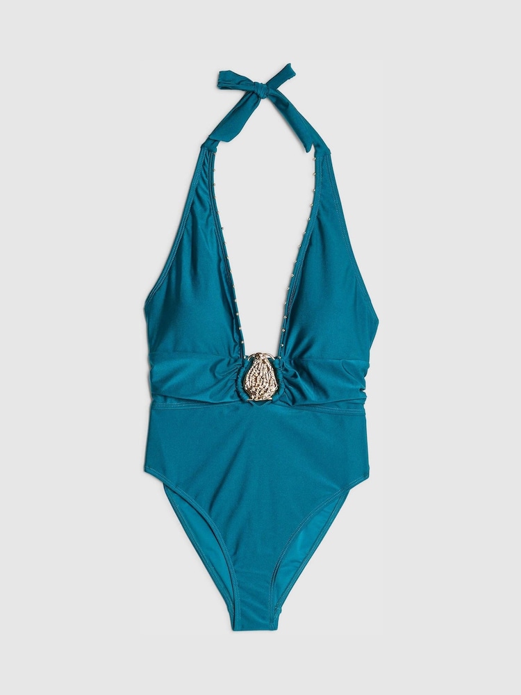 River Island Blue Hardwear Plunge Swimsuit - Image 4 of 4