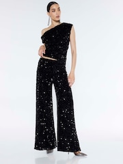 River Island Black Pull On Velvet Sequin Trousers - Image 1 of 4
