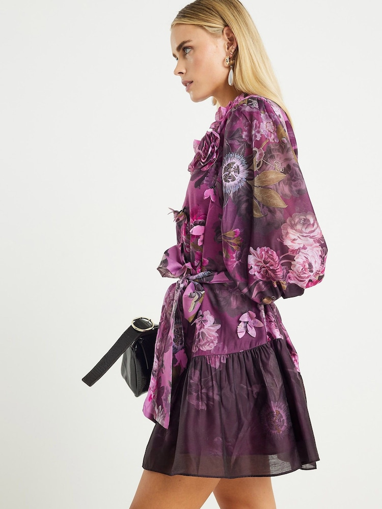 river island purple floral dress River Island Freddie Floral Ruffle Long Sleeve Midi Dress In White - 56%  Off