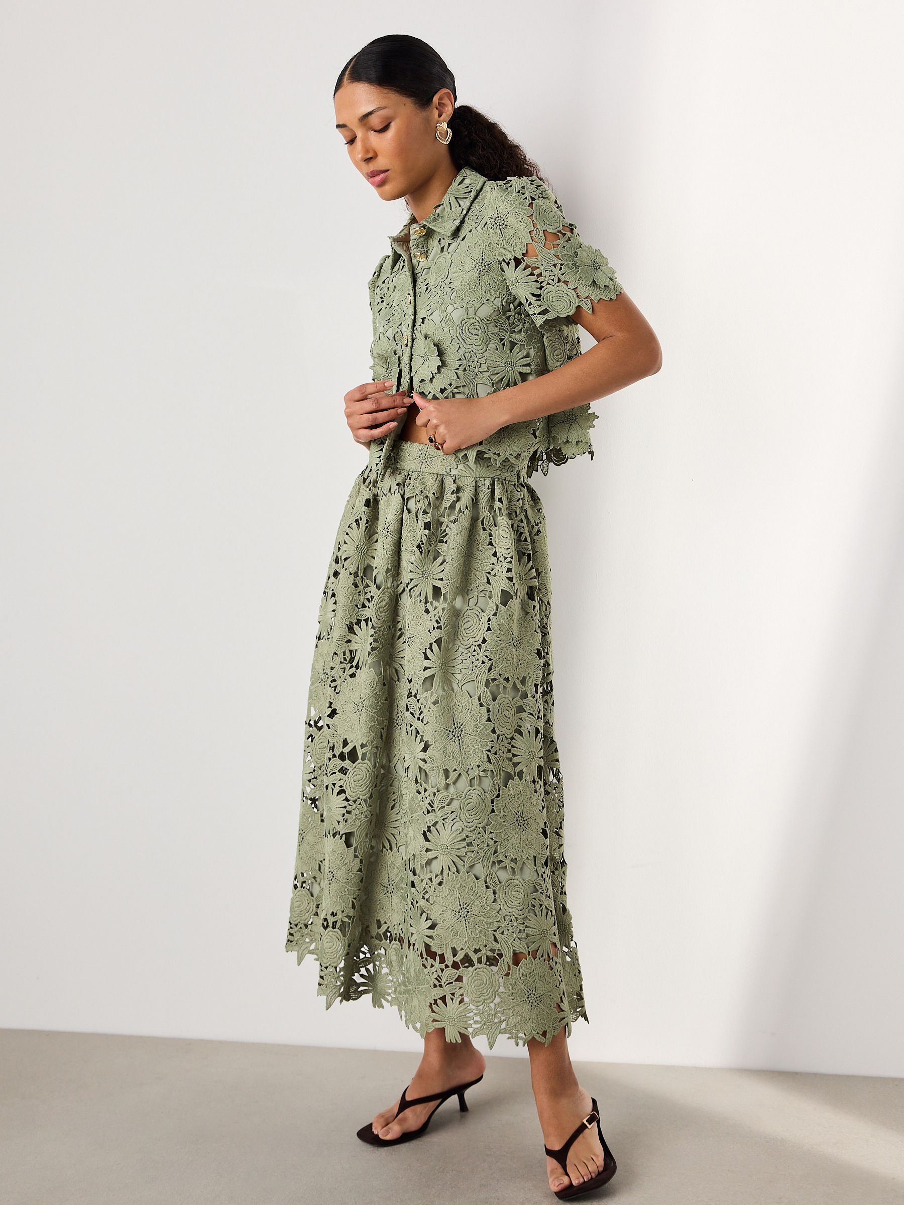 Buy Sage Green N. Premium Occasion Floral Lace Midi Skirt from