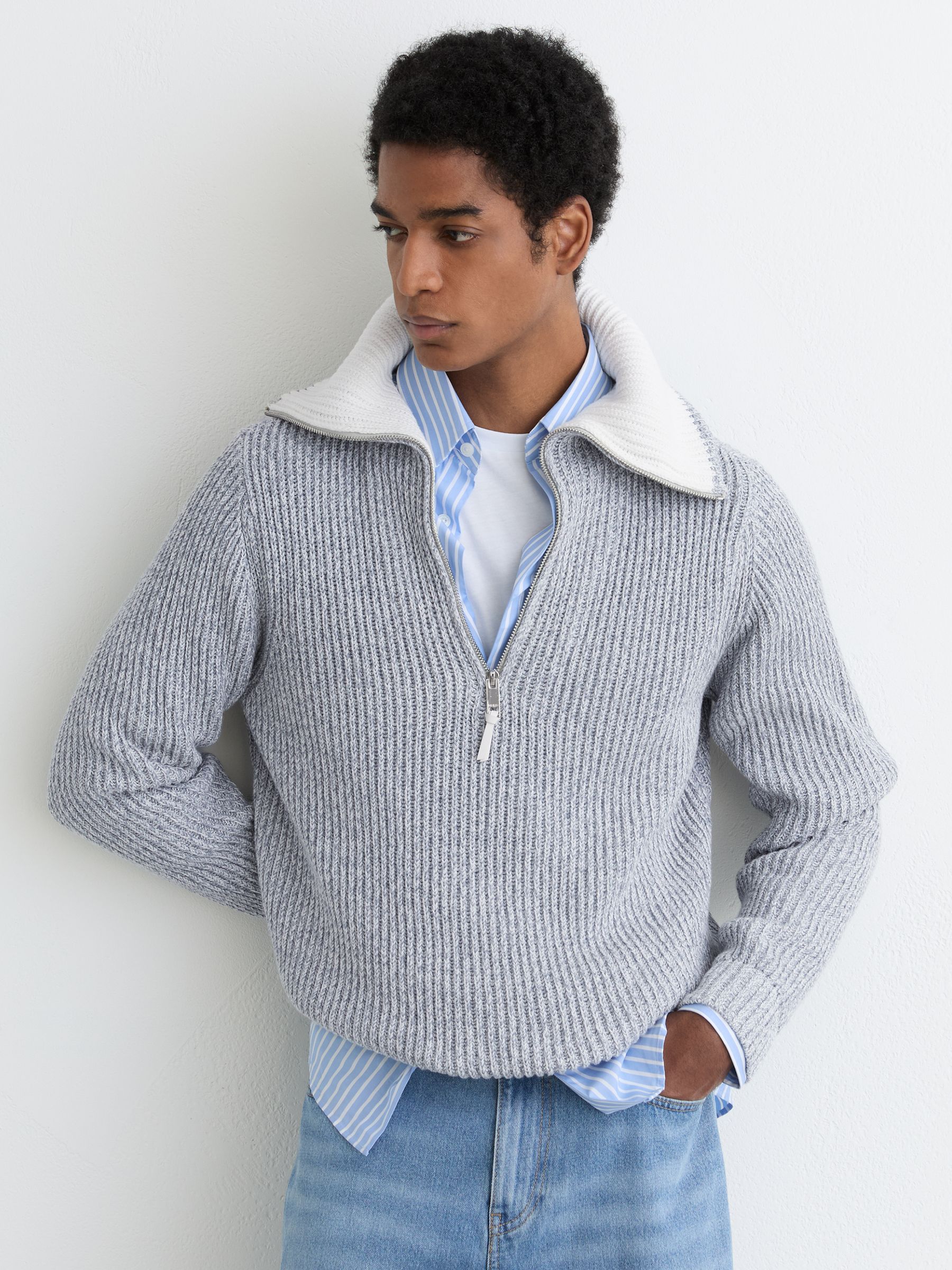 Buy Reiss Soft Blue Twist Cooper Cotton-Blend Rib-Knit Half-Zip