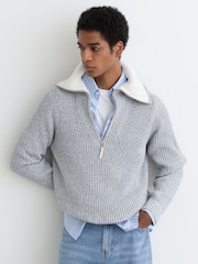 Reiss Soft Blue Twist Cooper Cotton-Blend Rib-Knit Half-Zip Jumper - Image 4 of 6