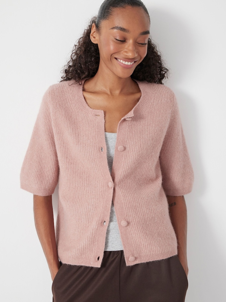 Hush Pink Wool Blend Short Sleeve Ribbed Cardigan - Image 1 of 6