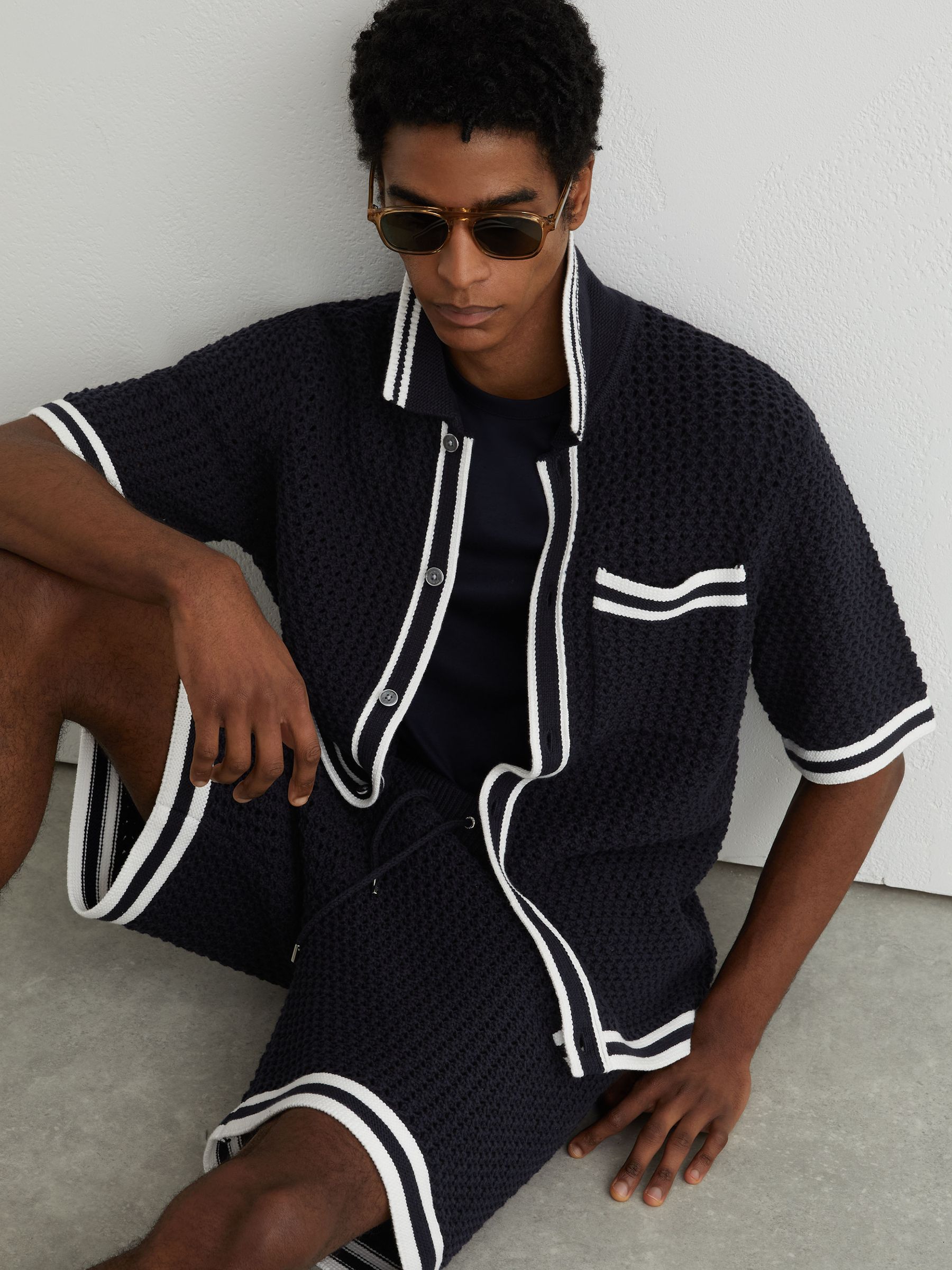 Buy Reiss Navy Meadows Cotton Crochet Button-Through Shirt from