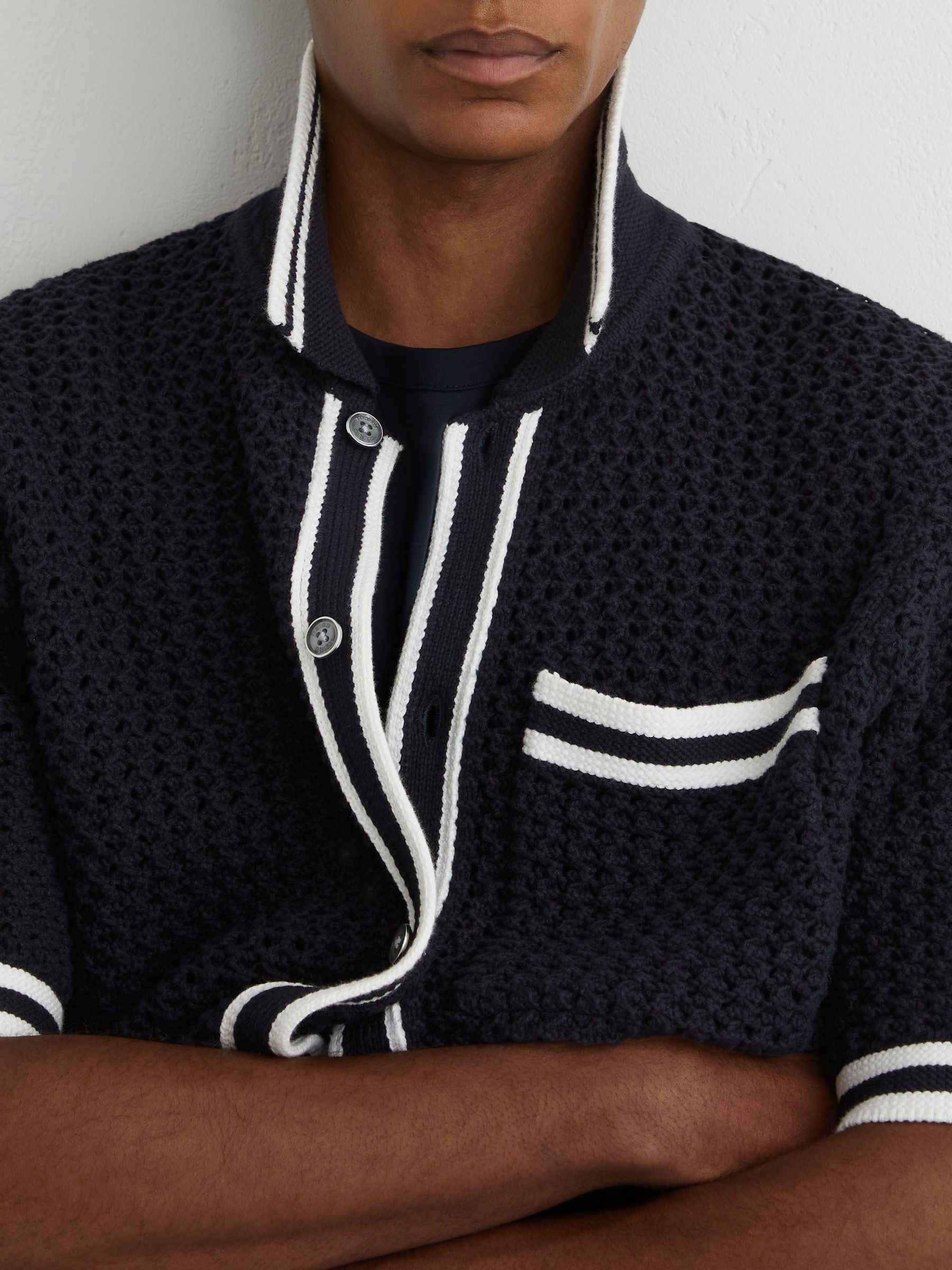 Buy Reiss Navy Meadows Cotton Crochet Button-Through Shirt from