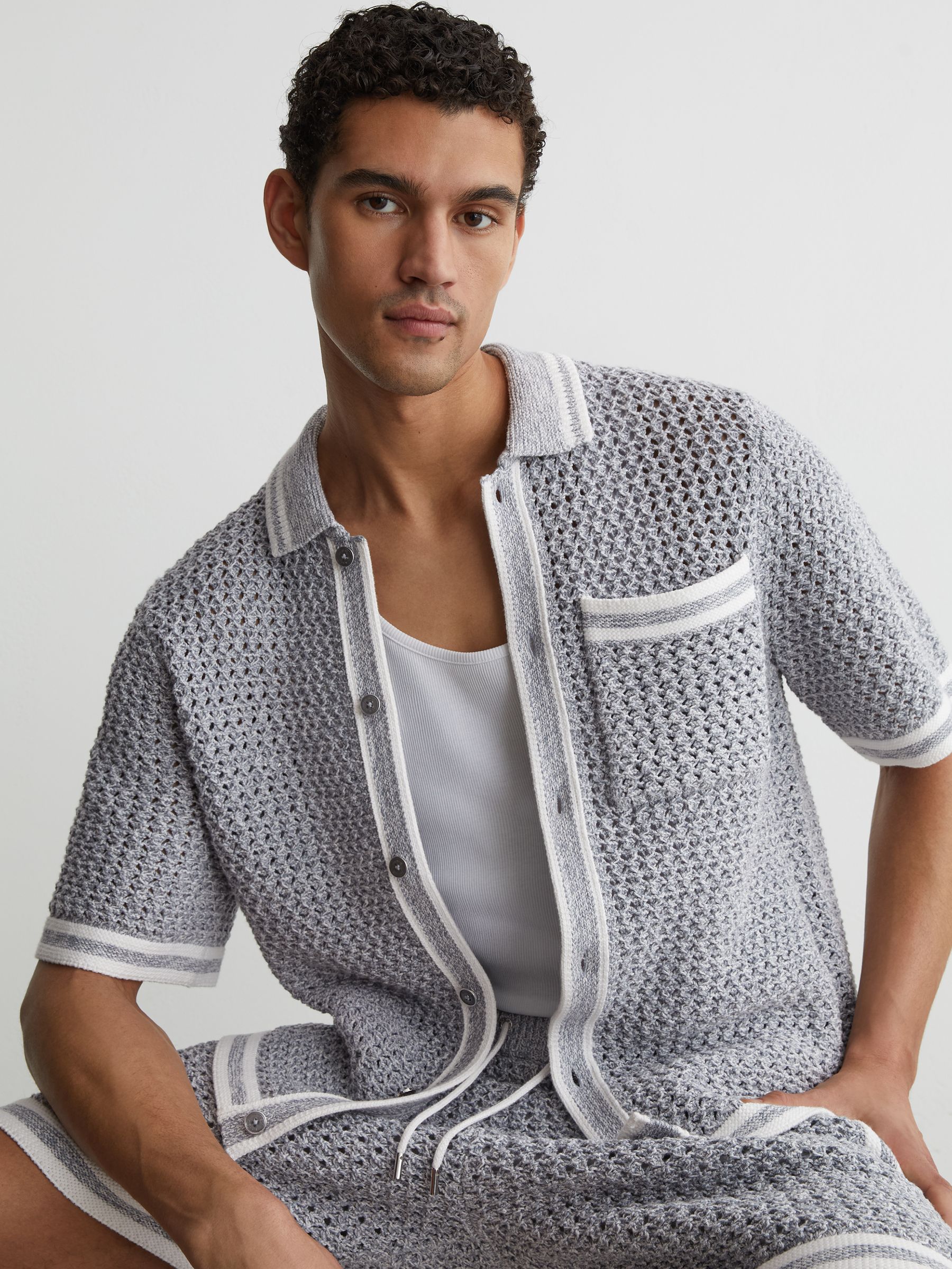 Buy Reiss Soft Blue Meadows Cotton Crochet Button-Through Shirt