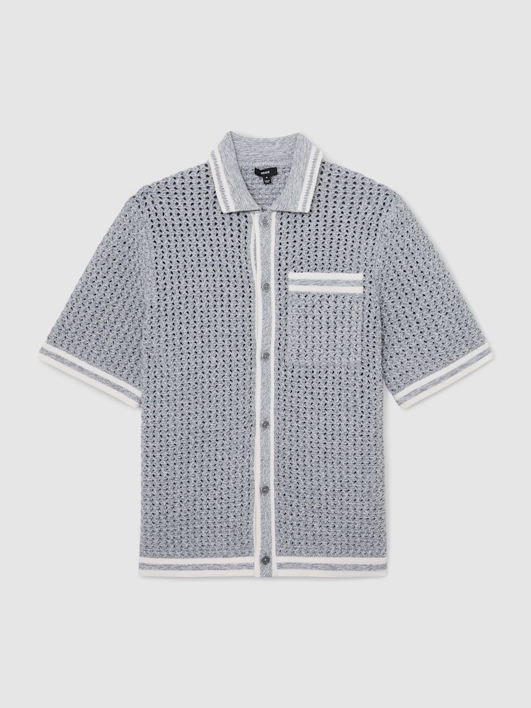 Reiss Soft Blue Meadows Cotton Crochet Button-Through Shirt - Image 2 of 7 Reiss Soft Blue Meadows Cotton Crochet Button-Through Shirt - Image 2 of 7
