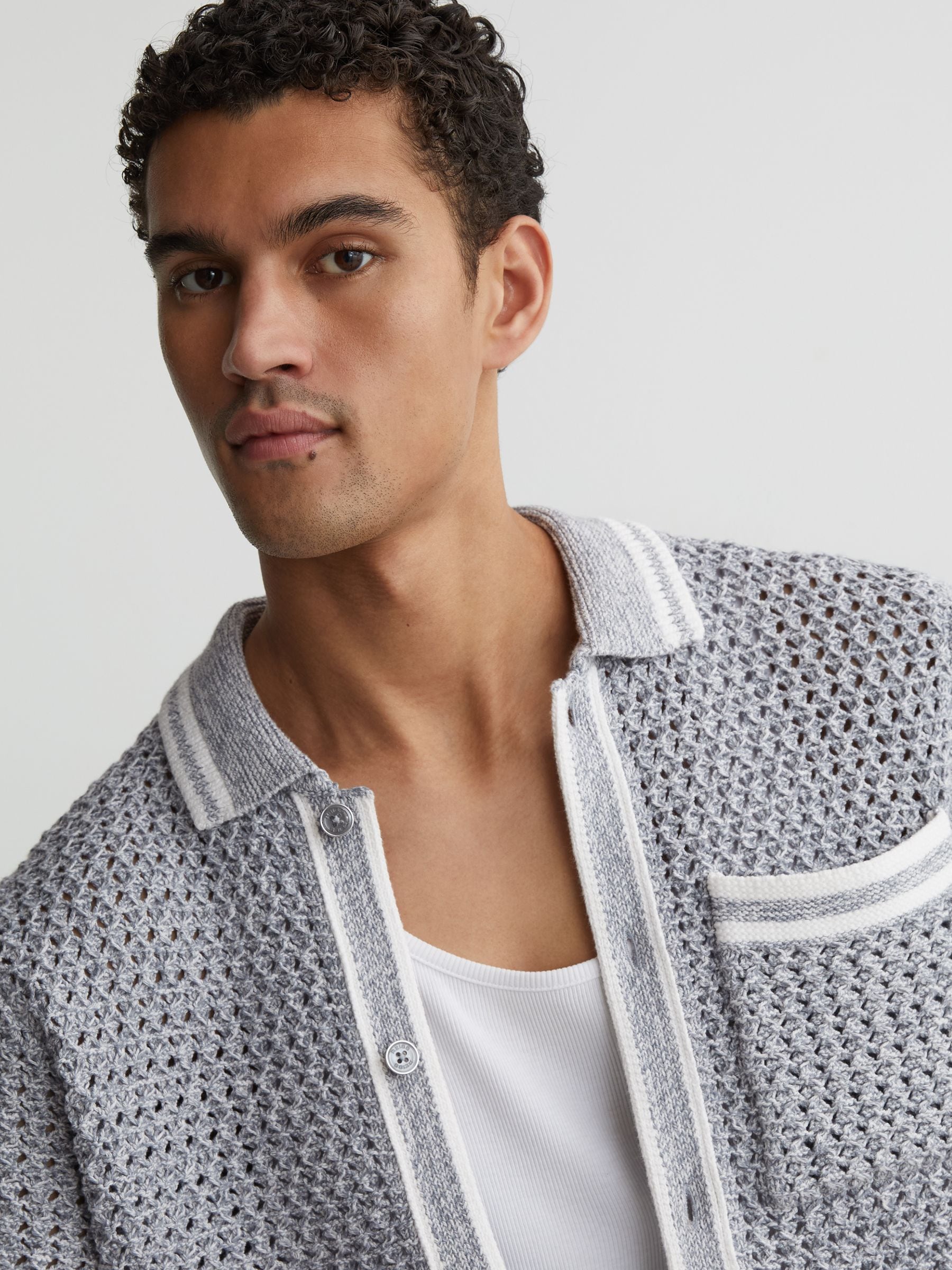 Buy Reiss Soft Blue Meadows Cotton Crochet Button-Through Shirt