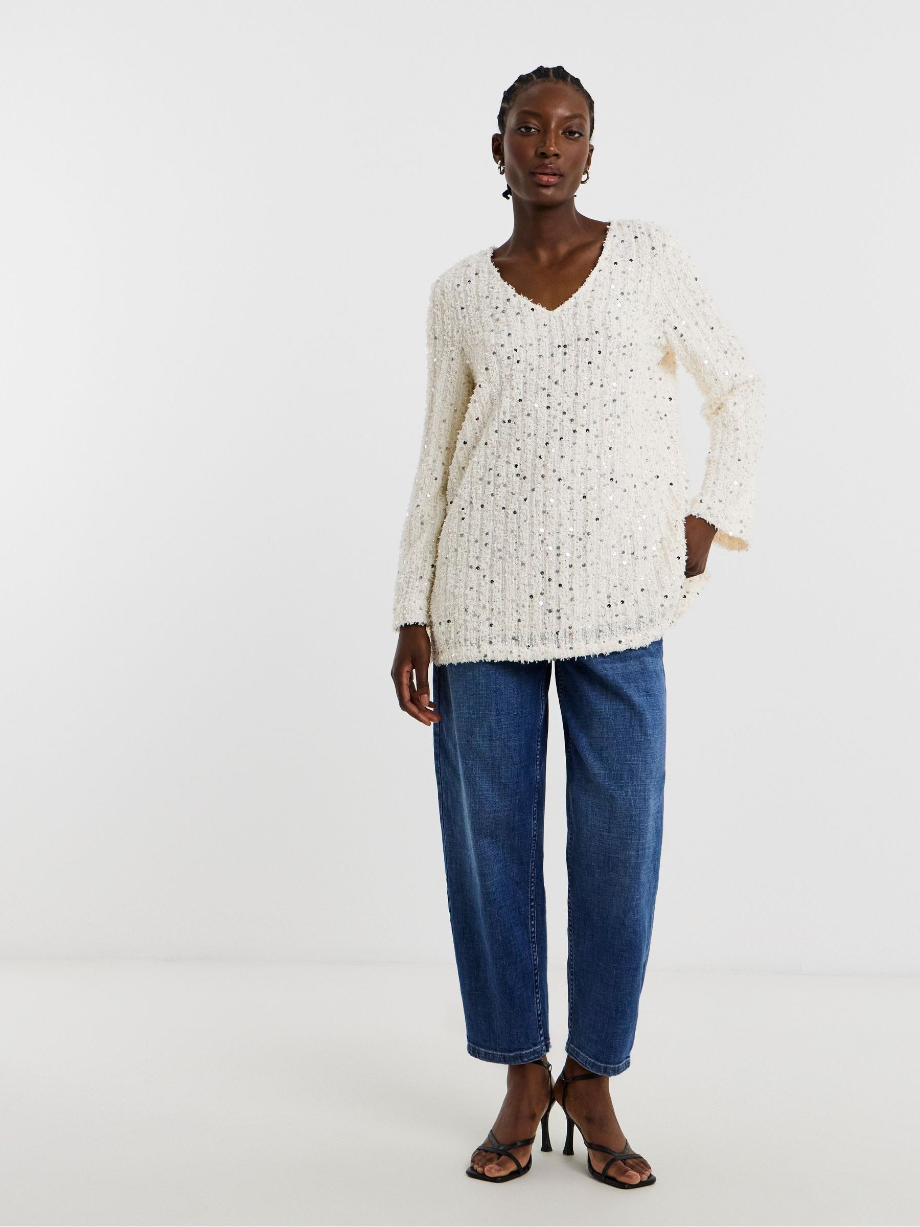 Buy JD Williams Cream Fluffy Sequin V-Neck Longline Top from the