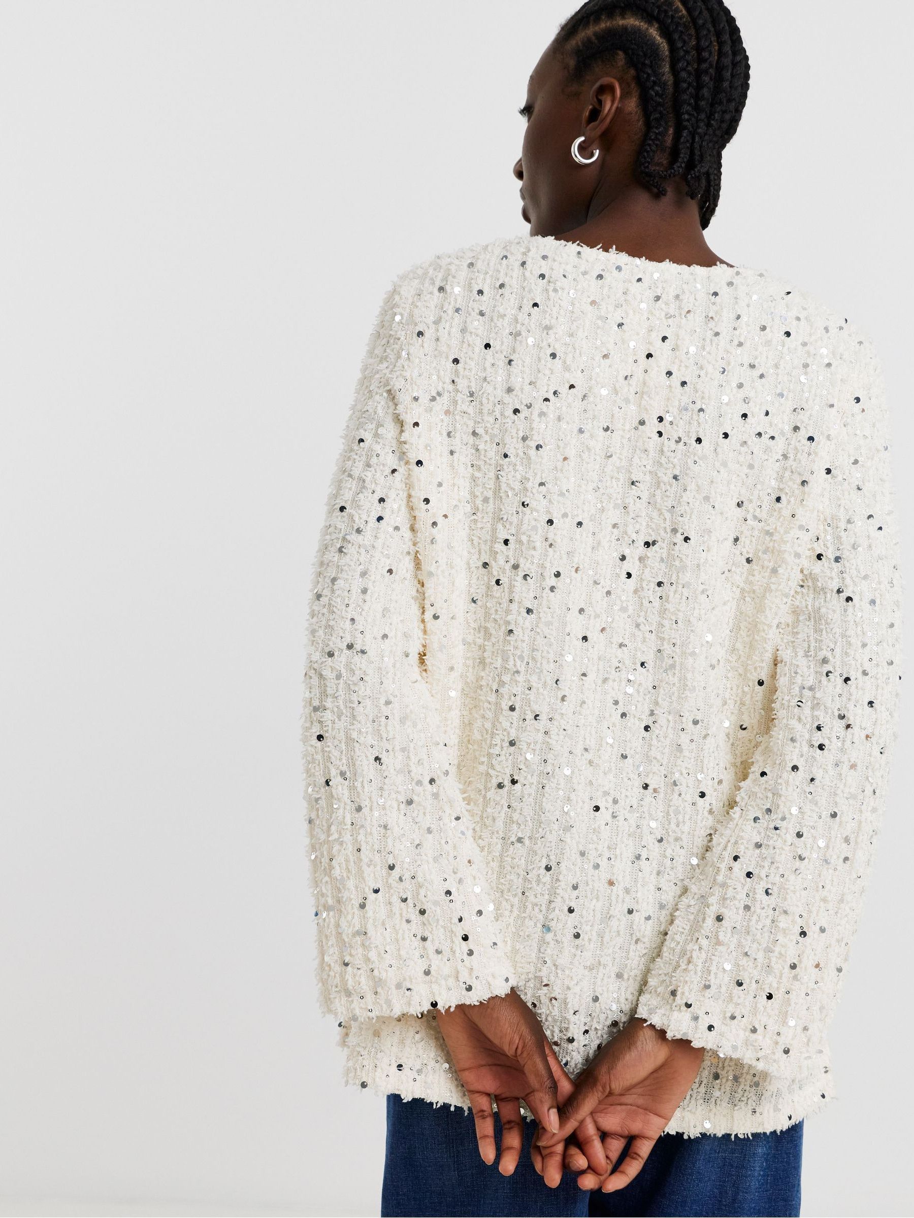 Buy JD Williams Cream Fluffy Sequin V-Neck Longline Top from the