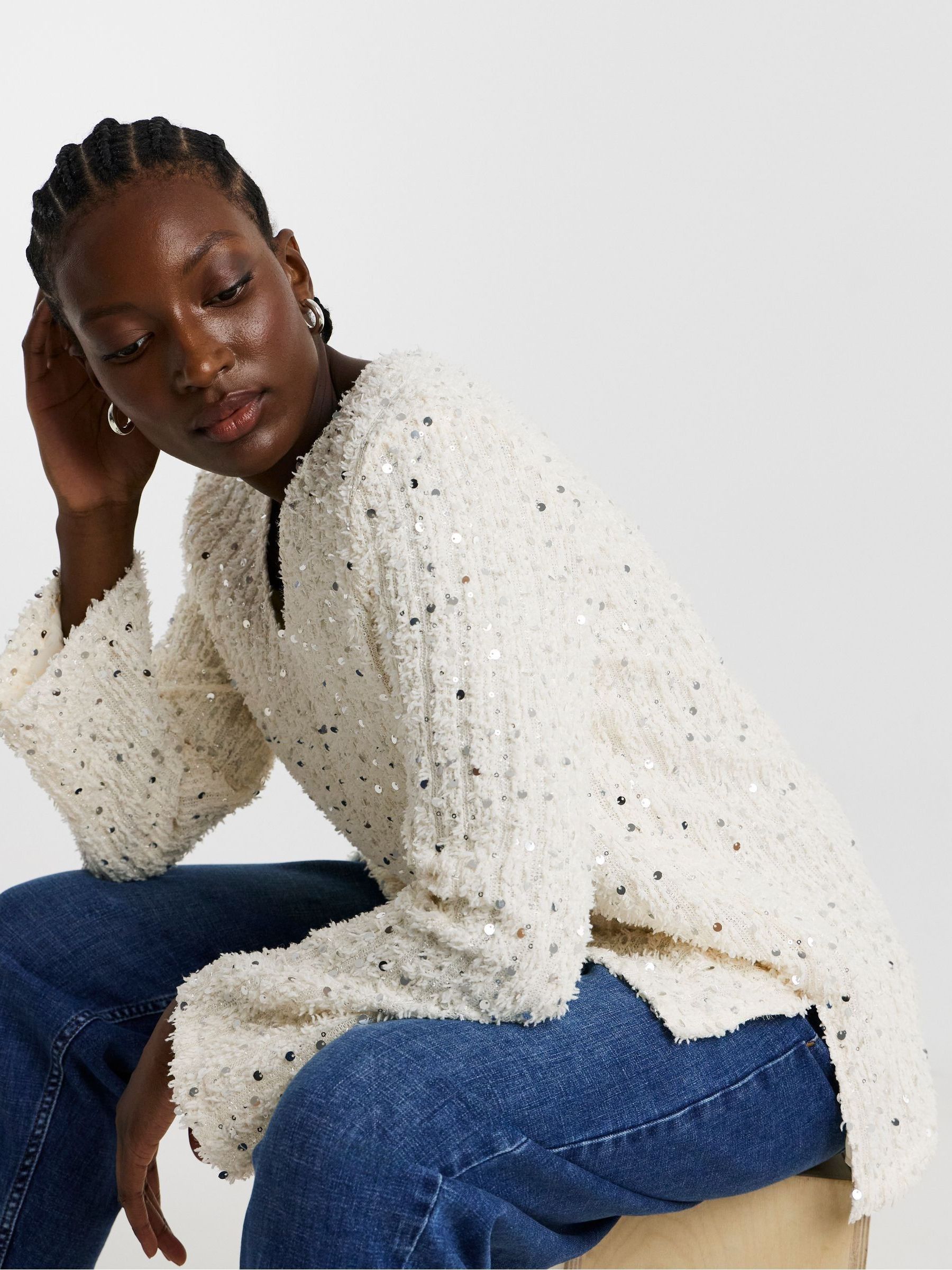 Buy JD Williams Cream Fluffy Sequin V-Neck Longline Top from the