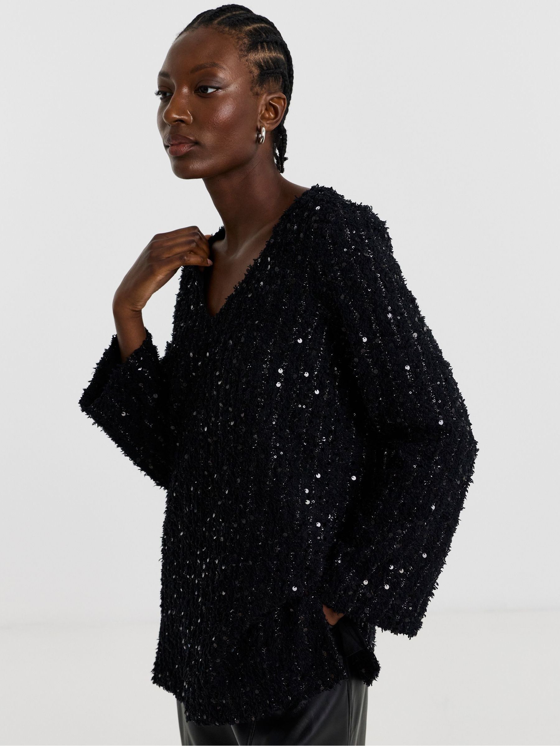 Buy JD Williams Black Fluffy Sequin V-Neck Longline Top from Next USA