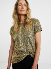 JD Williams Green Sequin Longline Curved Hem Top - Image 3 of 4