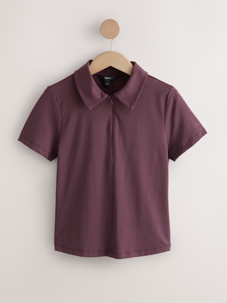 Burgundy Soft Touch Slinky Nylon Polo Zip Short Sleeve T-Shirt - Image 1 of 3 Burgundy Soft Touch Slinky Nylon Polo Zip Short Sleeve T-Shirt - Image 1 of 3