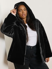 Yours Curve Black Faux Fur Hooded Jacket - Image 1 of 5
