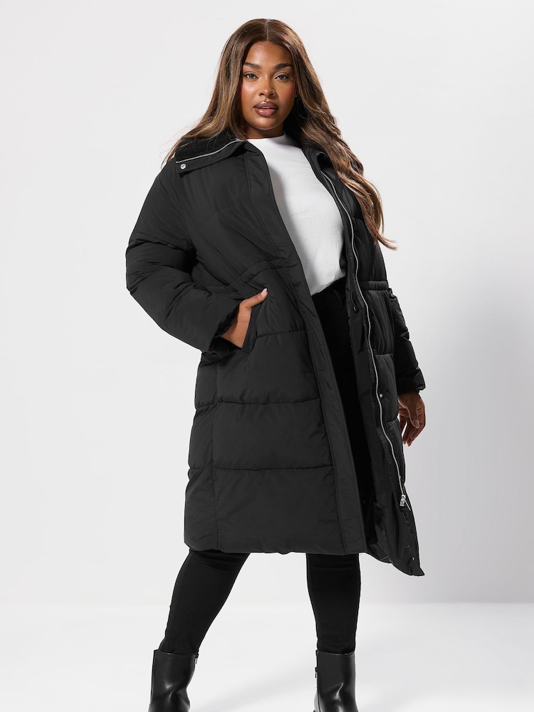 Yours Curve Black Funnel Neck Midi Coat - Image 1 of 5