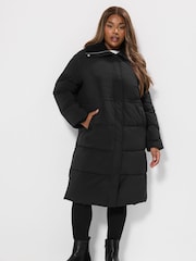 Yours Curve Black Funnel Neck Midi Coat - Image 2 of 5