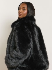 Yours Curve Black Faux Fur Collared Jacket - Image 3 of 5