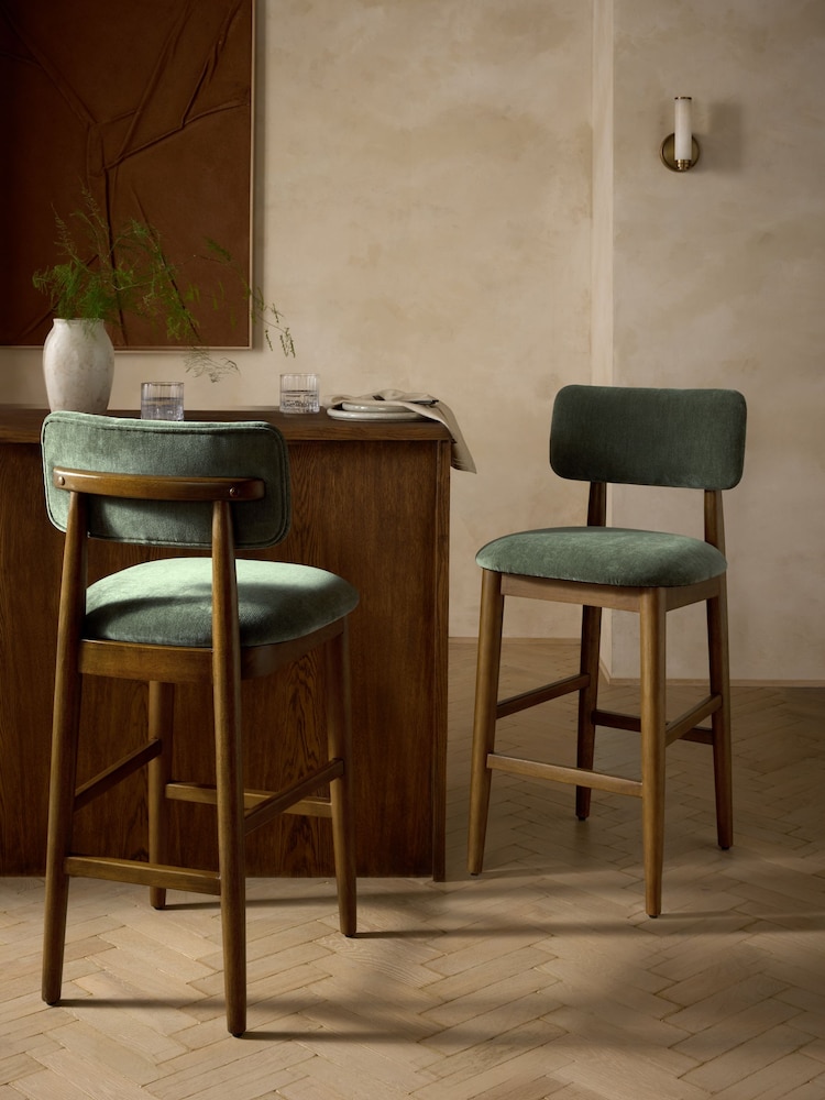 Relaxed Chenille Forest Green Dark Wood Leg Wrenley Bar Stool - Image 1 of 9 Relaxed Chenille Forest Green Dark Wood Leg Wrenley Bar Stool - Image 1 of 9