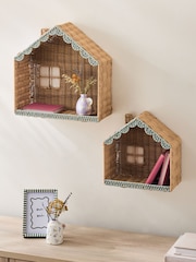 Set of 2 Natural Green Woven Scallop House Display Shelves - Image 1 of 5