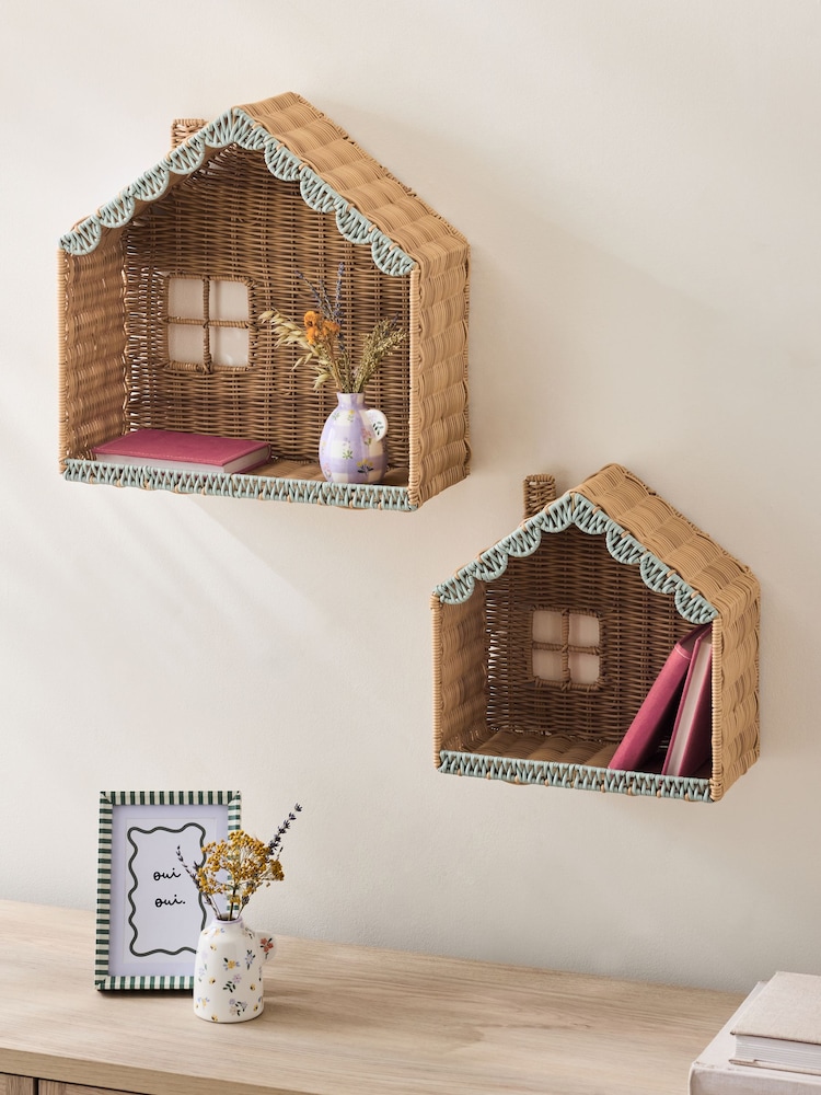 Set of 2 Natural Green Woven Scallop House Display Shelves - Image 1 of 5