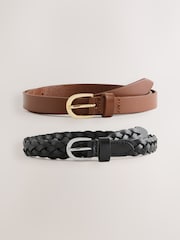 Black Plain/Tan - Skinny Plait & Leather Belts 2 Pack - Bild 1 von 5