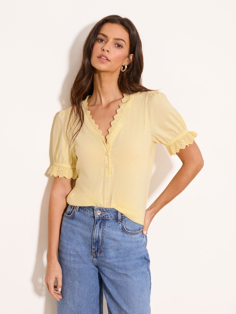 Lipsy Lemon Yellow V-Neck Trim Detail Button Through Jersey Top - Image 1 of 4