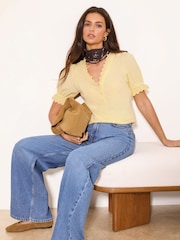 Lipsy Lemon Yellow V-Neck Trim Detail Button Through Jersey Top - Image 3 of 4