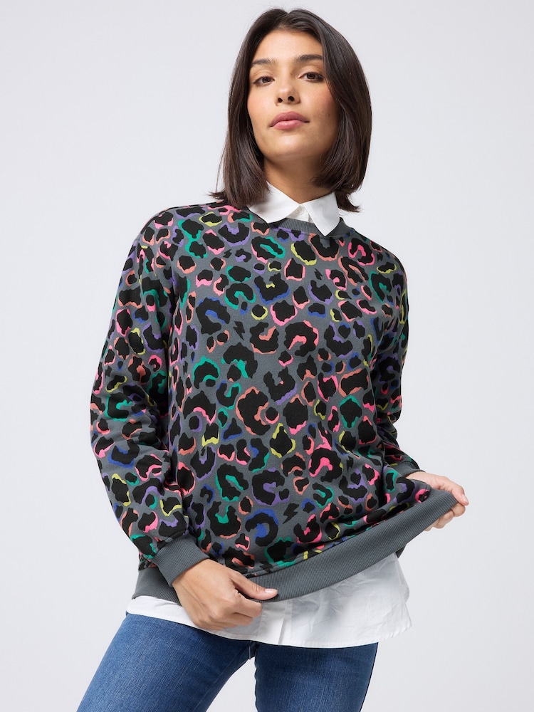 SCAMP & DUDE Grey Oversized Sweatshirt With Rainbow Shadow Leopard & Lightning Bolt - Image 2 of 5 SCAMP & DUDE Grey Oversized Sweatshirt With Rainbow Shadow Leopard & Lightning Bolt - Image 2 of 5