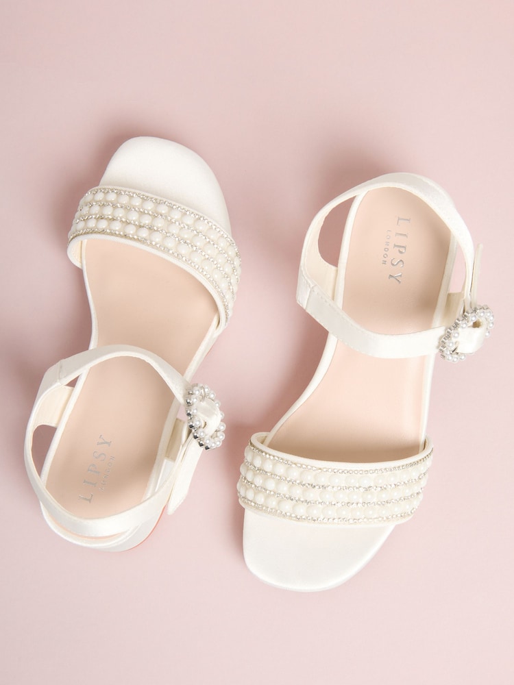 Lipsy White Wide Fit (G) Low Block Heel Platform Pearl Occasion Flower Girl Sandals - Image 2 of 4