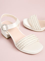 Lipsy White Wide Fit (G) Low Block Heel Platform Pearl Occasion Flower Girl Sandals - Image 4 of 4