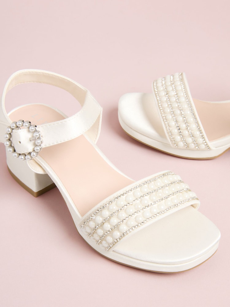 Lipsy White Wide Fit (G) Low Block Heel Platform Pearl Occasion Flower Girl Sandals - Image 4 of 4