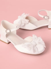 Lipsy White Narrow Fit (E) Low Block Heel Pearl Bow Occasion Flower Heeled Sandals - Image 1 of 5